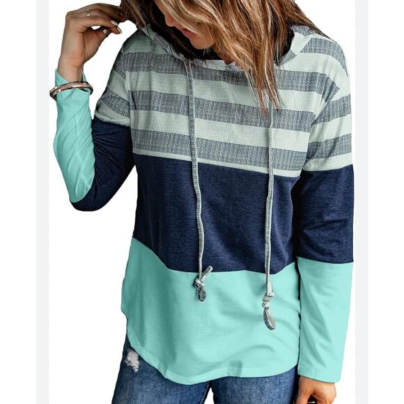 Pullover Hoodie Stripe Colorblock Womens Top Sz XL Green Blue Long Sleeve Shirt - Picture 7 of 16